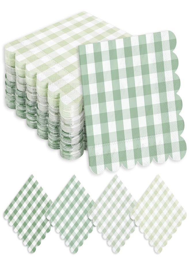 Whaline 100Pcs Sage Green Gingham Napkins Green Scalloped Cocktail Napkins Paper Plaid Beverage Napkin for Summer Picnic Barbecue Wedding One Lucky Duck Birthday Baby & Bridal Shower,5 x 5 Inches - Image 1